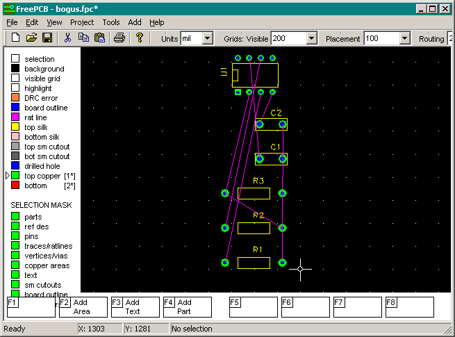 FreePCB Appearance After Netlist Import