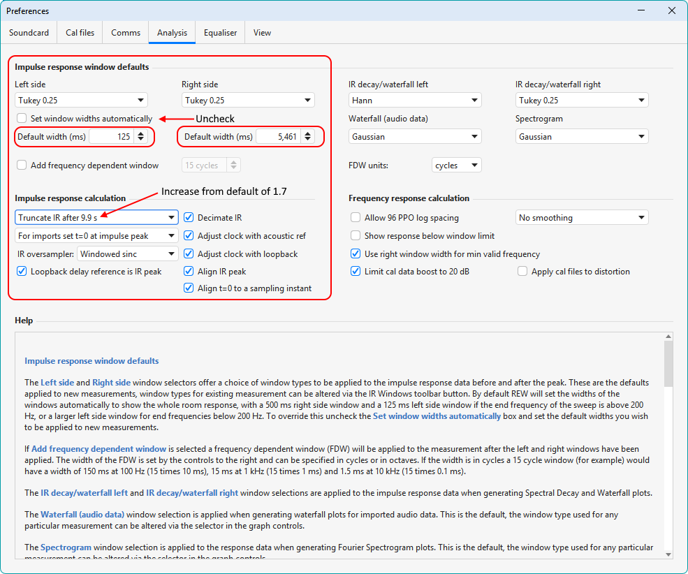 Windowing Options in REW Analysis Preferences