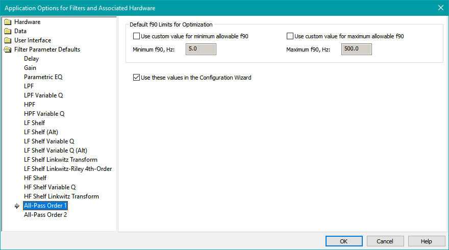 The All-Pass Order 1 Parameter Defaults Property Page