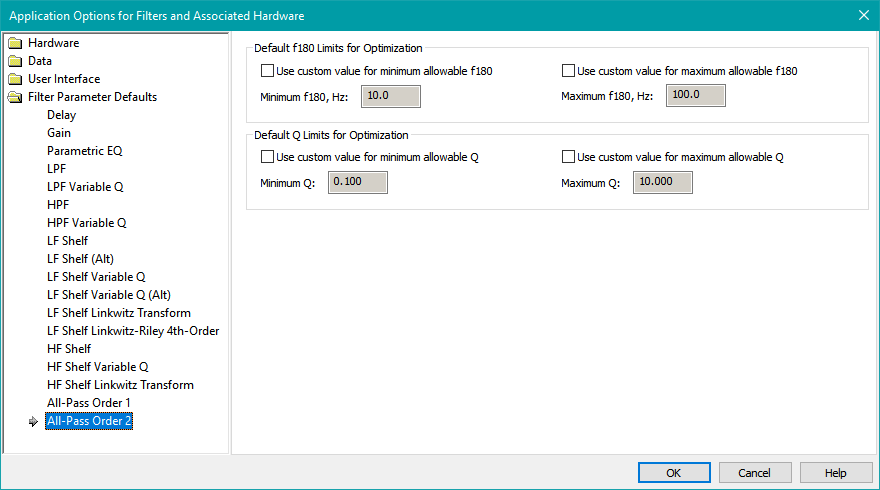 The All-Pass Order 2 Parameter Defaults Property Page