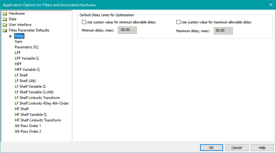 The Delay Parameter Defaults Property Page