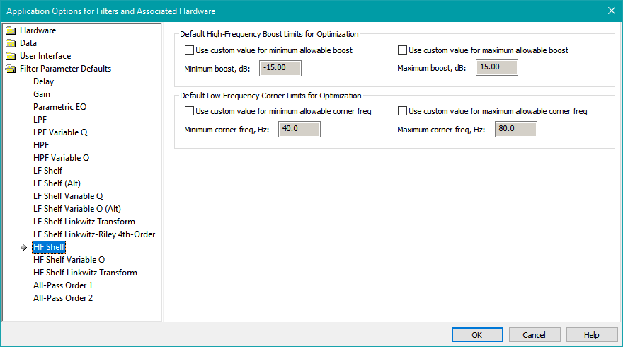 The HF Shelf Parameter Defaults Property Page