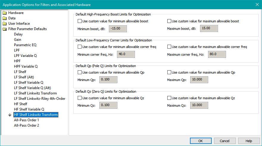 The HF Shelf Linkwitz Transform Parameter Defaults Property Page