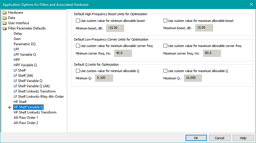 The HF Shelf Variable Q Parameter Defaults Property Page