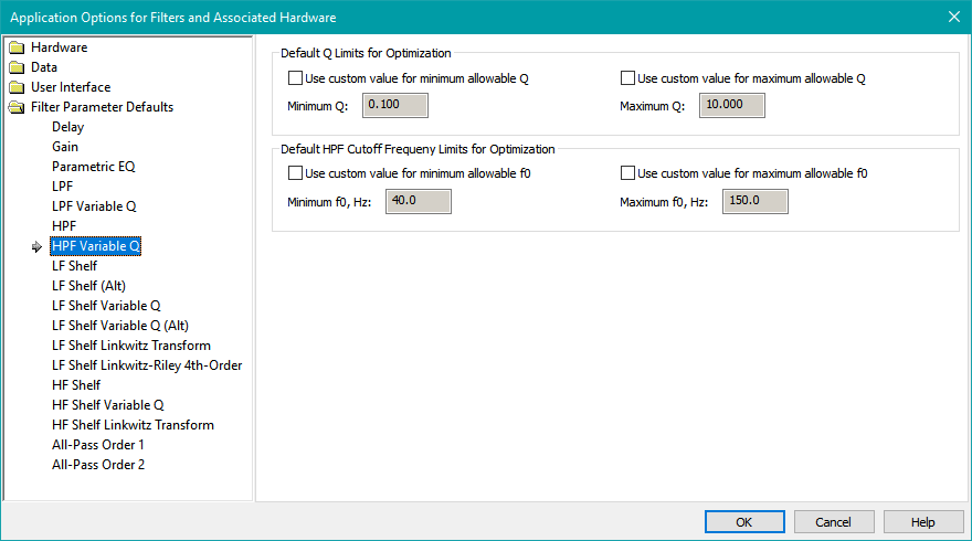 The HPF Variable Q Parameter Defaults Property Page