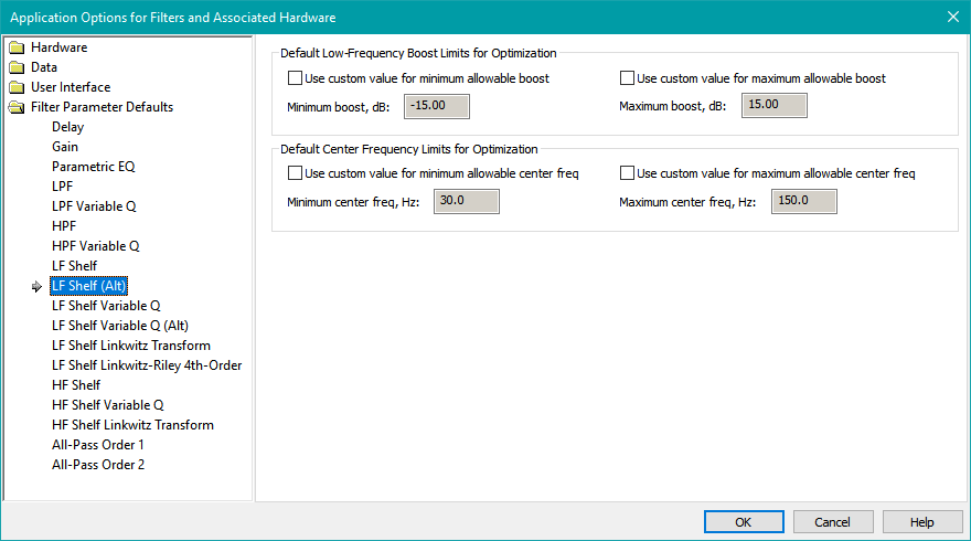 The LF Shelf Parameter Defaults Property Page