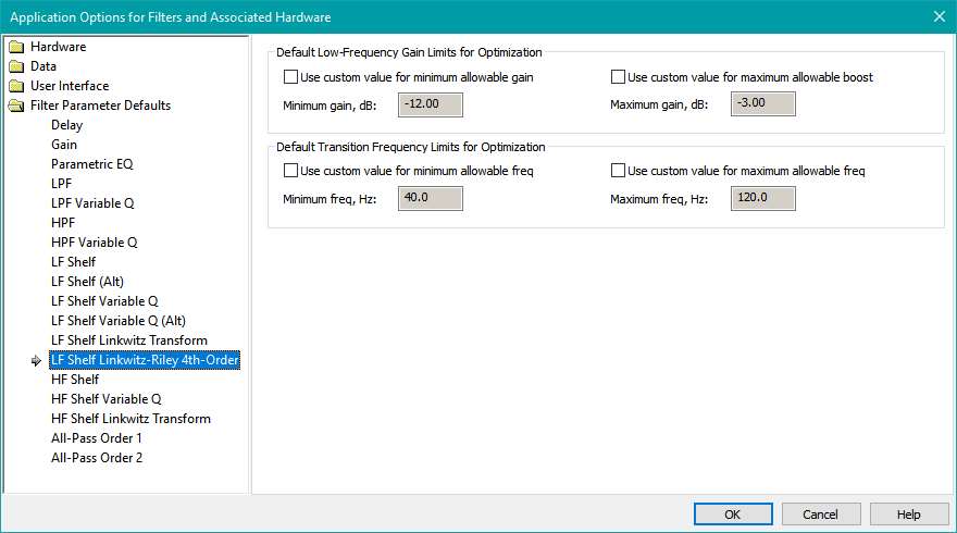 The LF Shelf Linkwitz-Riley 4th-Order Parameter Defaults Property Page
