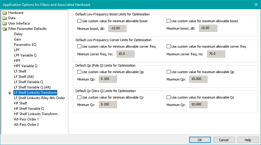 The LF Shelf Linkwitz Transform Parameter Defaults Property Page