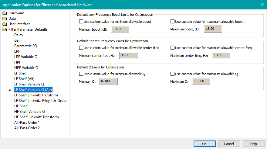 The LF Shelf Variable Q (Alt) Parameter Defaults Property Page