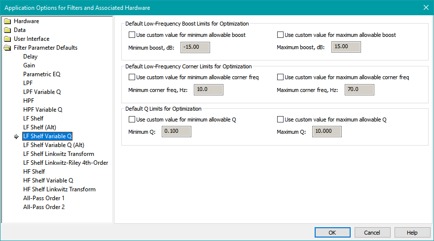 The LF Shelf Variable Q Parameter Defaults Property Page