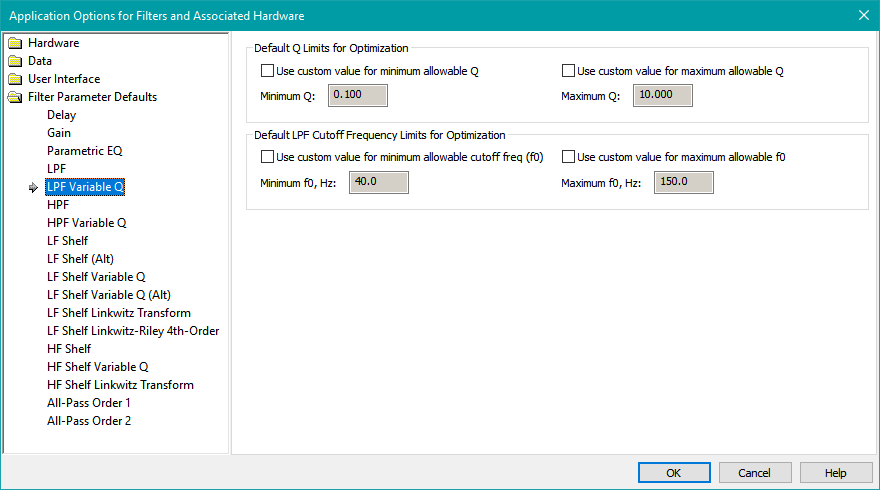 The LPF Variable Q Parameter Defaults Property Page