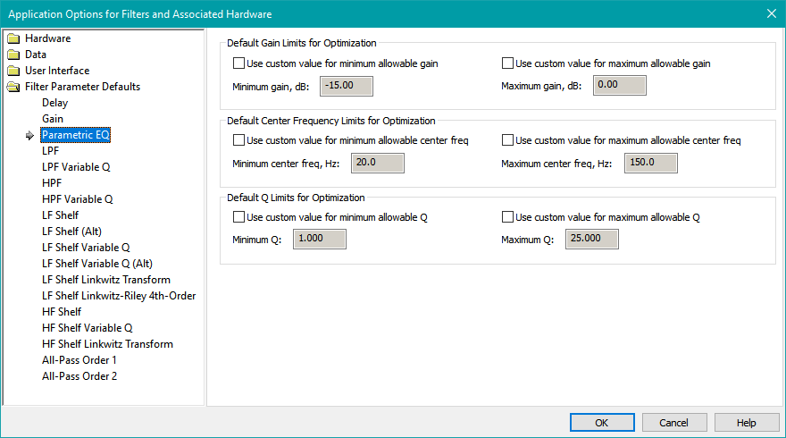 The Filter Parameter Defaults Property Page for PEQs