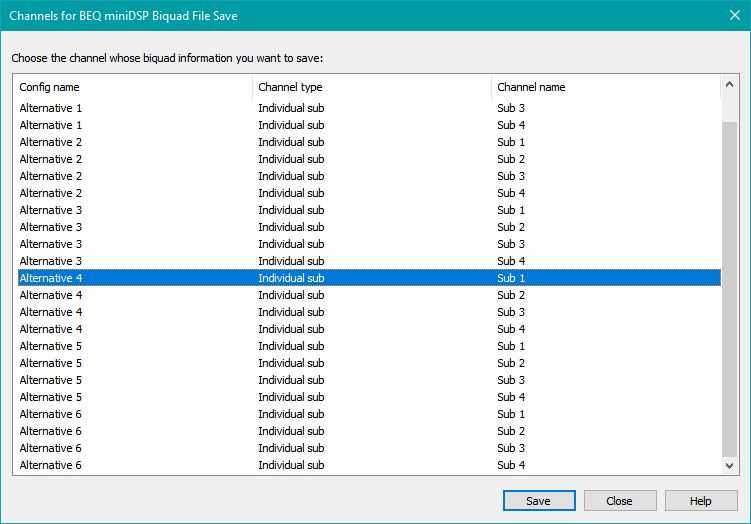 The Channels for BEQ miniDSP Biquad File Save Dialog