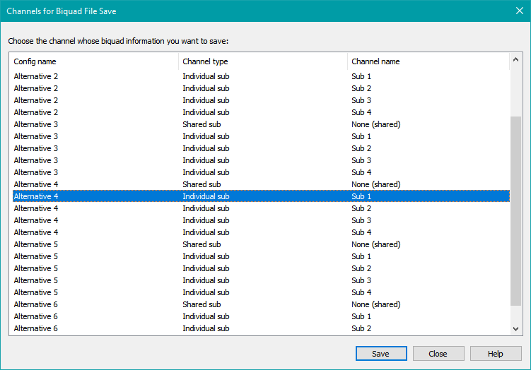 The Channels for Biquad File Save Dialog