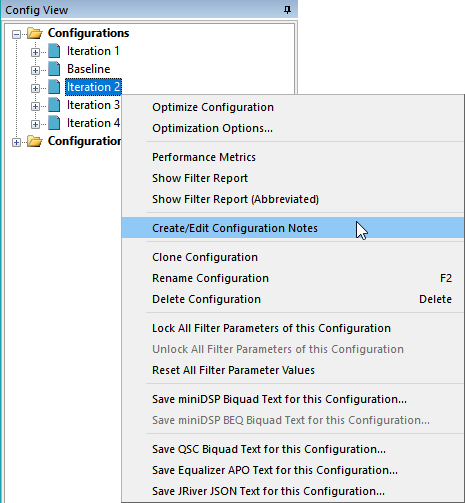 The Context Menu for Creating Configuration Notes