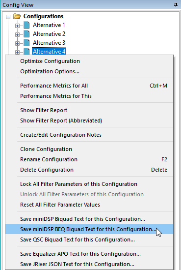 Context Menu for Exporting BEQ Biquad Text of All Channels