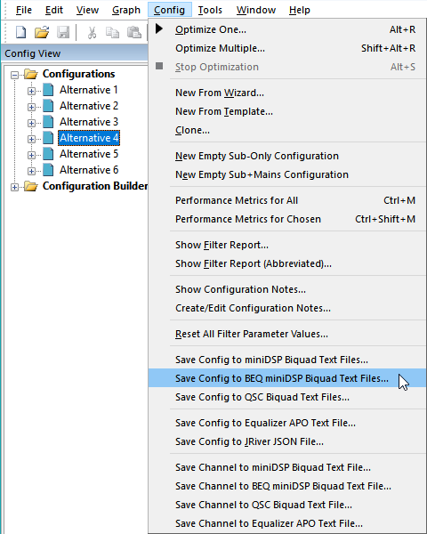 Menu for Exporting BEQ Biquad Text of All Channels