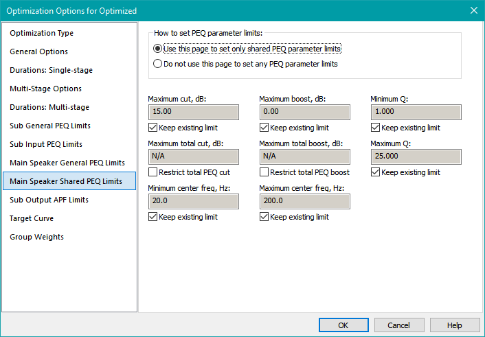 The Main Speaker Shared PEQ Limits Property Page