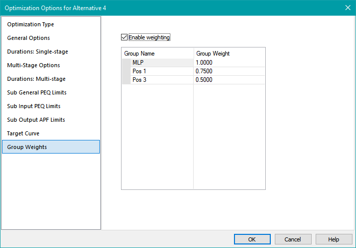 Optimization Options Group Weights Property Page