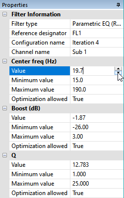 Filter Properties Window Showing Parameter Value Tuning