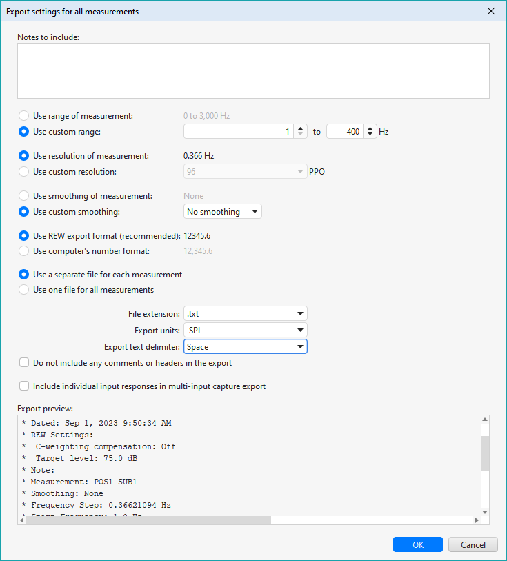 REW's Measurement Export Dialog