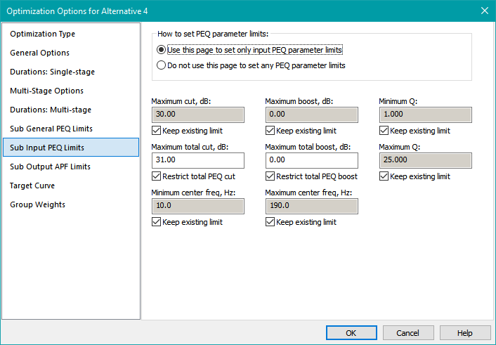 The Sub Input PEQ Limits Property Page